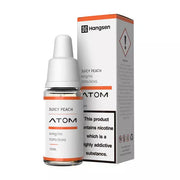 A product image showing a box and a bottle of Hangsen Juicy Peach E-Liquid. The box is orange and white with product information, while the bottle displays the flavor and nicotine information.